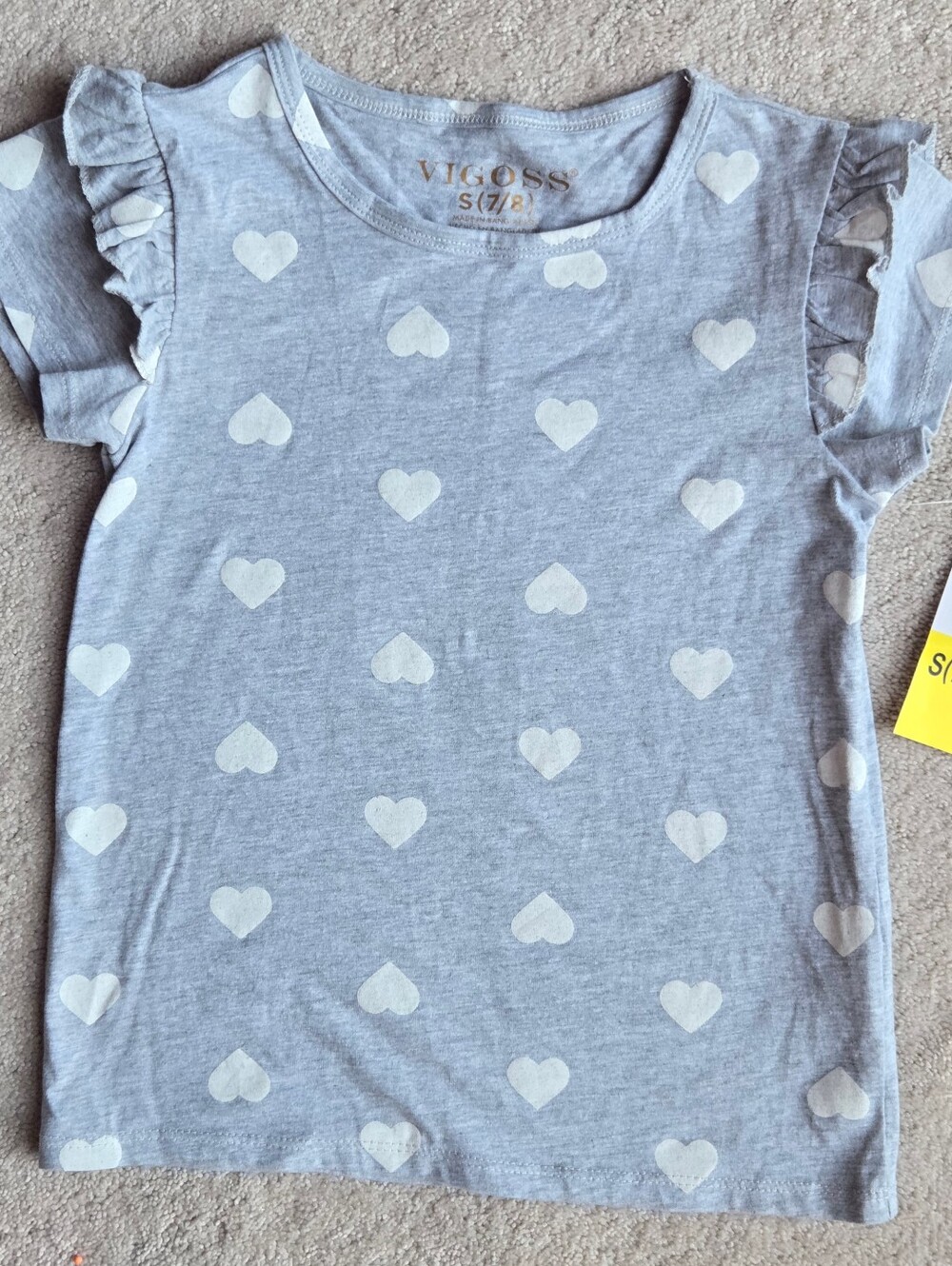 Vigoss Light Gray Tee with White Heart Print and Ruffle Sleeves